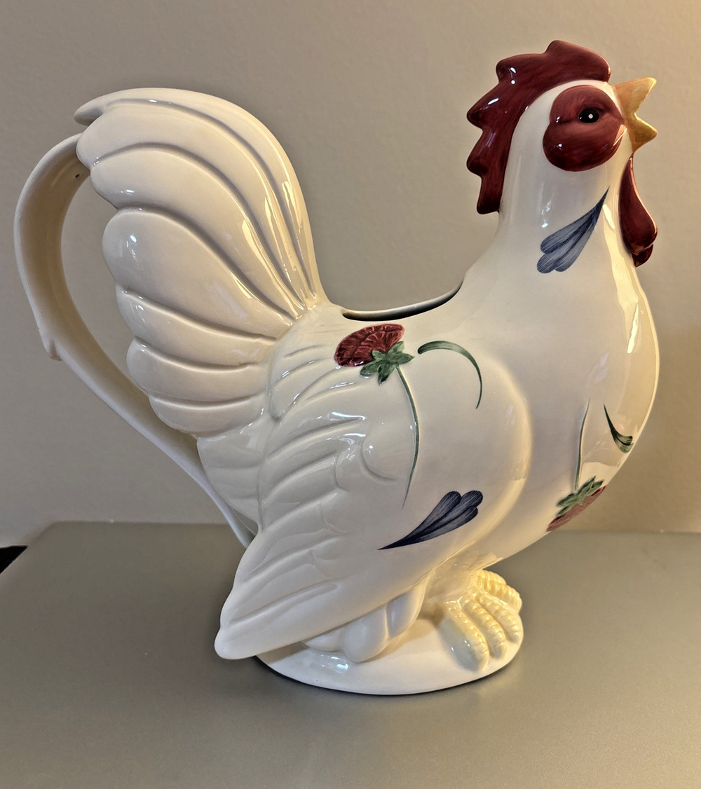 Vintage Lenox Barnyard Collection "Poppies on Blue" Ceramic Rooster 10" Pitcher